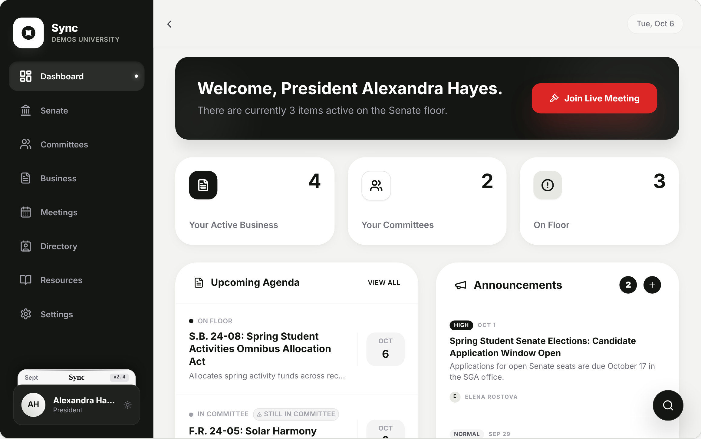 The Sync dashboard with demo data: sidebar navigation, a welcome banner with a Join Live Meeting button, counts for active business, committees and items on the floor, the upcoming agenda and announcements